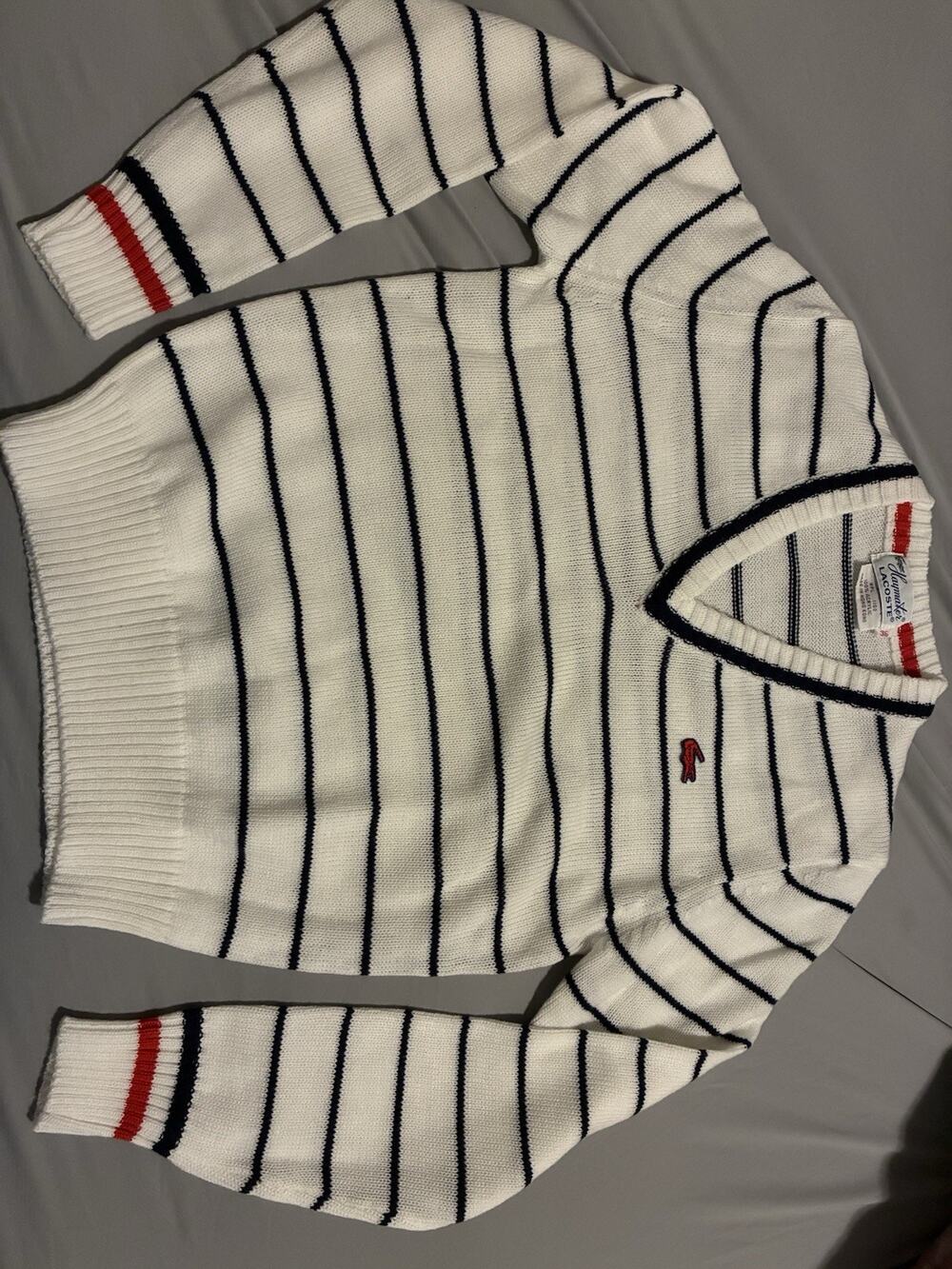 HAYMAKER LACOSTE Vintage V-Neck Sweater White With Navy Stripes & Red Size 36